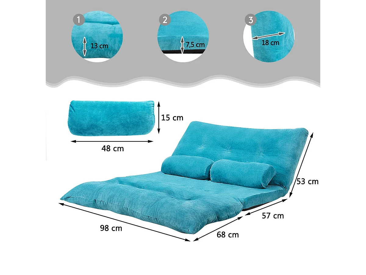 Canapé de sol réglable avec coussins, bleu, 180 x 98 cm