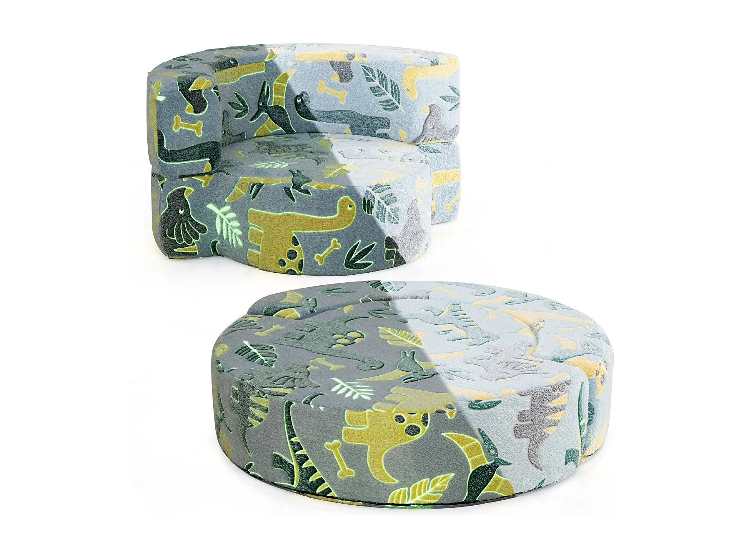 Canapé enfant – 2 en 1 canapé de jeu rond lumineux rembourré bleu