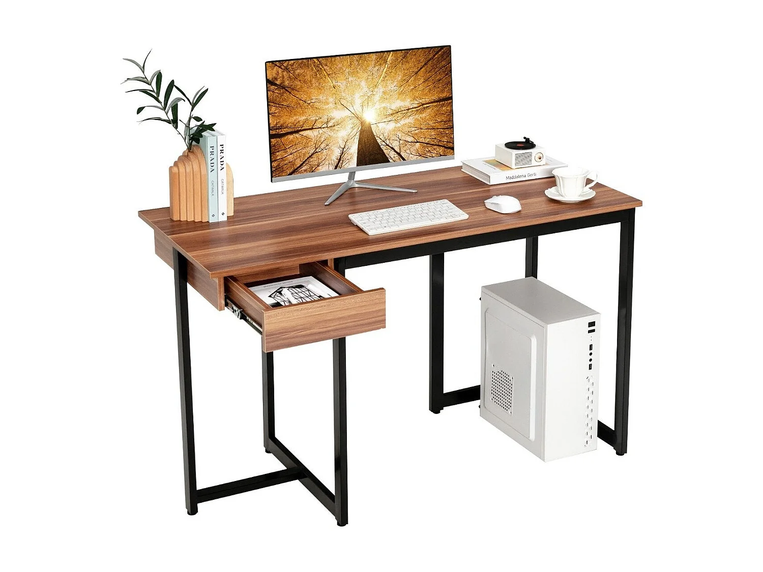 Bureau d’ordinateur avec tiroir et patin réglable – 120 cm, finition noyer