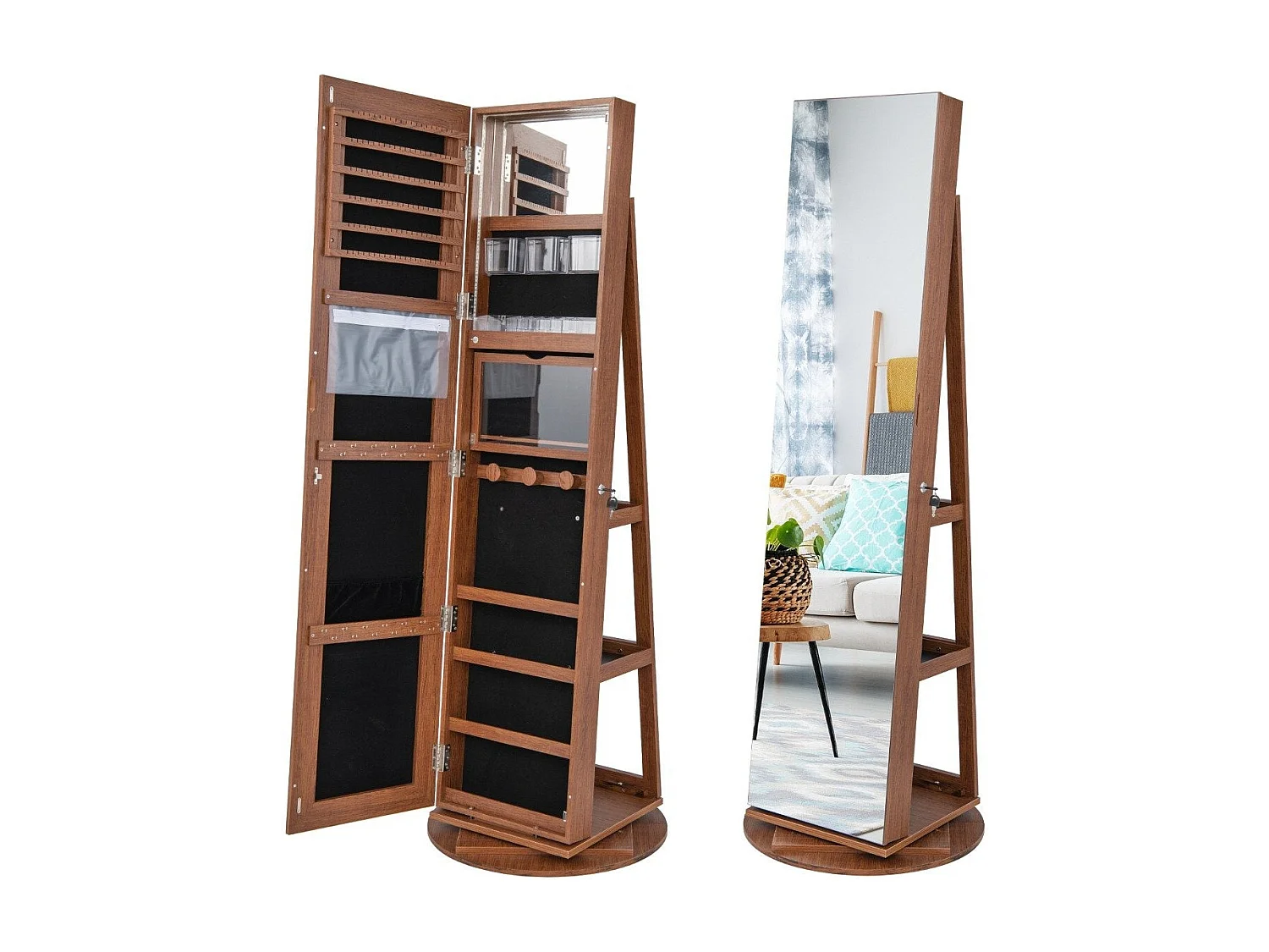 Armoire à bijoux rotative – 360° avec lumières LED tricolores miroir bois sur pied