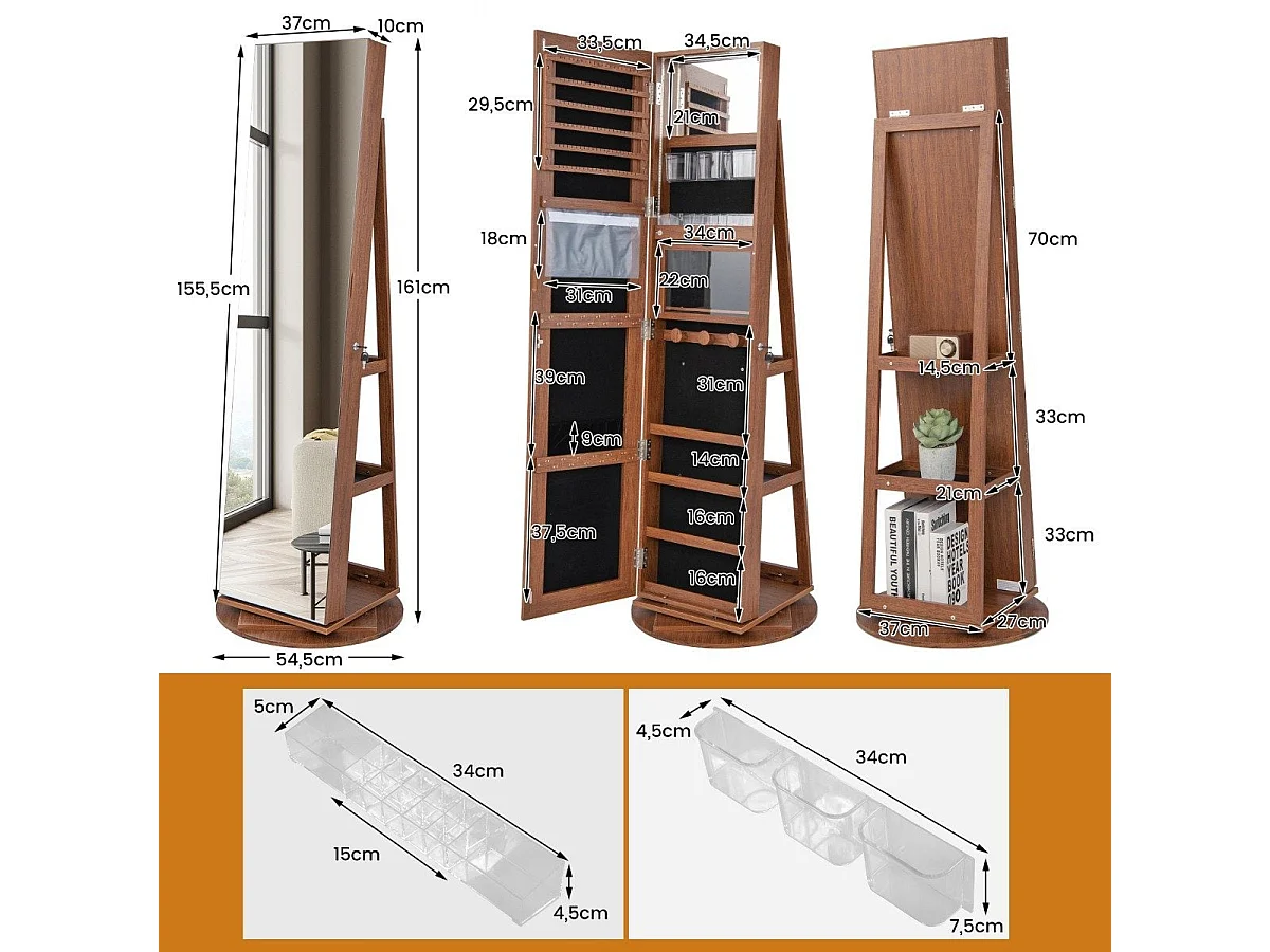 Armoire à bijoux rotative – 360° avec lumières LED tricolores miroir bois sur pied