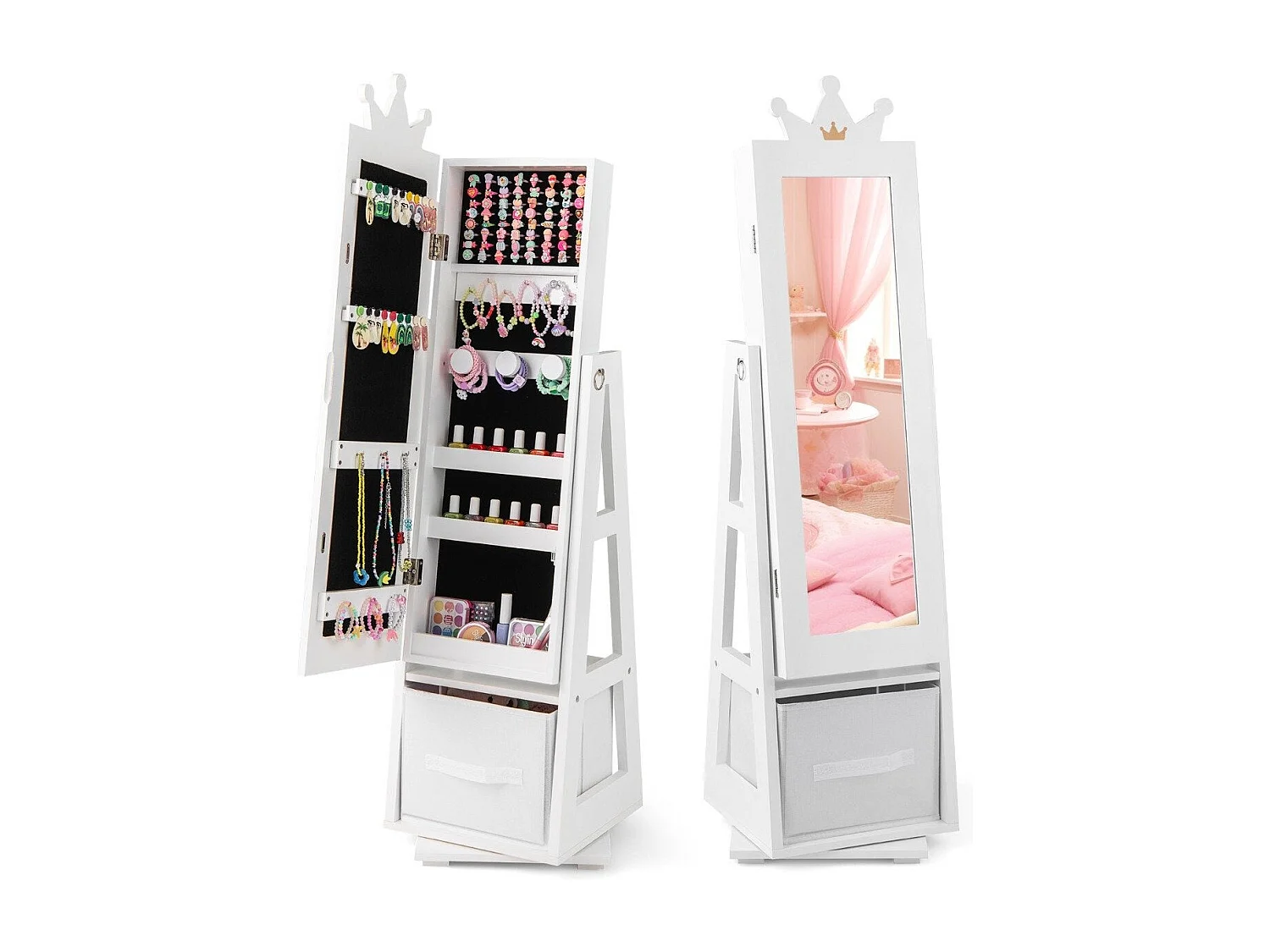 Armoire à bijoux enfant – 3 en 1 miroir plein pied avec panier de rangement blanc