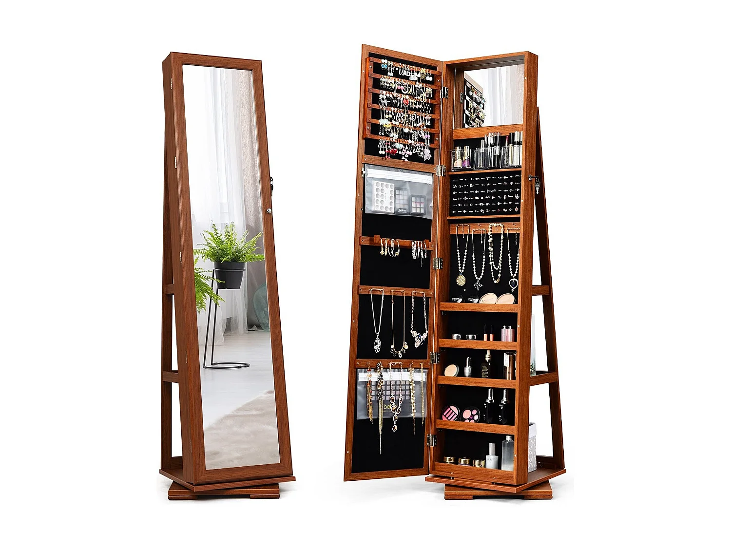 Armoire à bijoux enfant – 2 en 1 miroir plein pied avec étagère échelle 39x39x161 cm marron