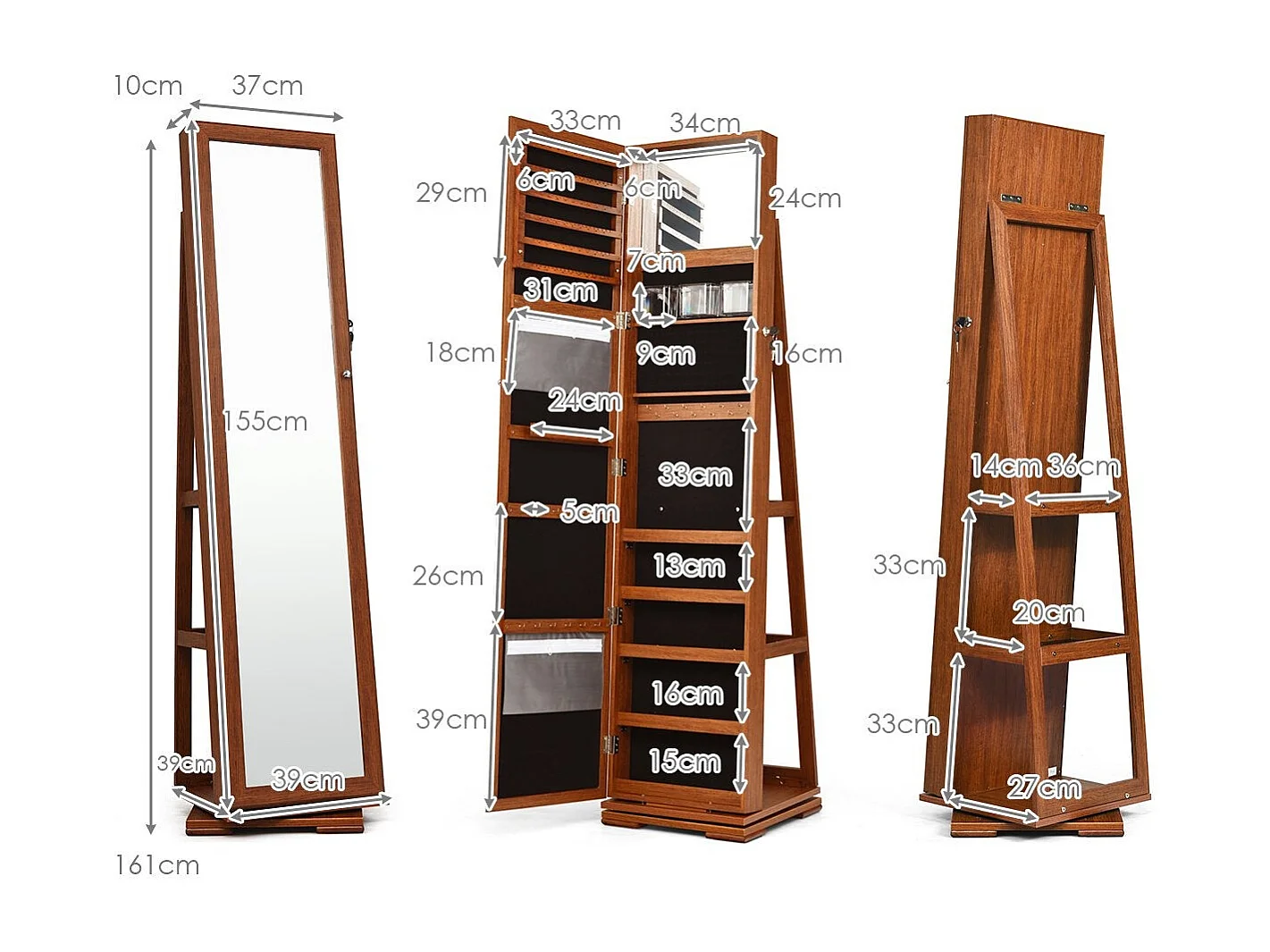 Armoire à bijoux enfant – 2 en 1 miroir plein pied avec étagère échelle 39x39x161 cm marron