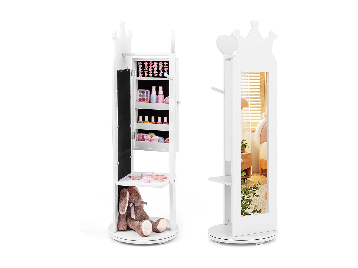 Armoire à bijoux enfant – 4 en 1 rotative 360° avec miroir plein pied blanc