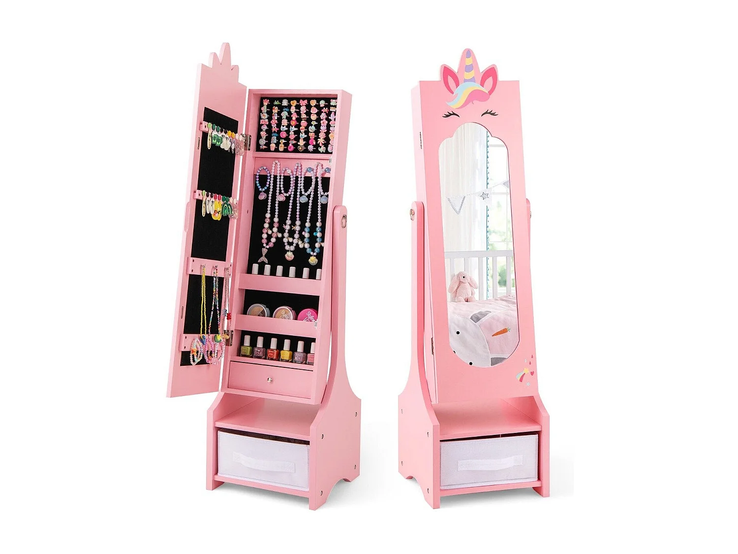 Armoire à bijoux enfant – 2 en 1 miroir plein pied avec tiroirs et miroir maquillage rose