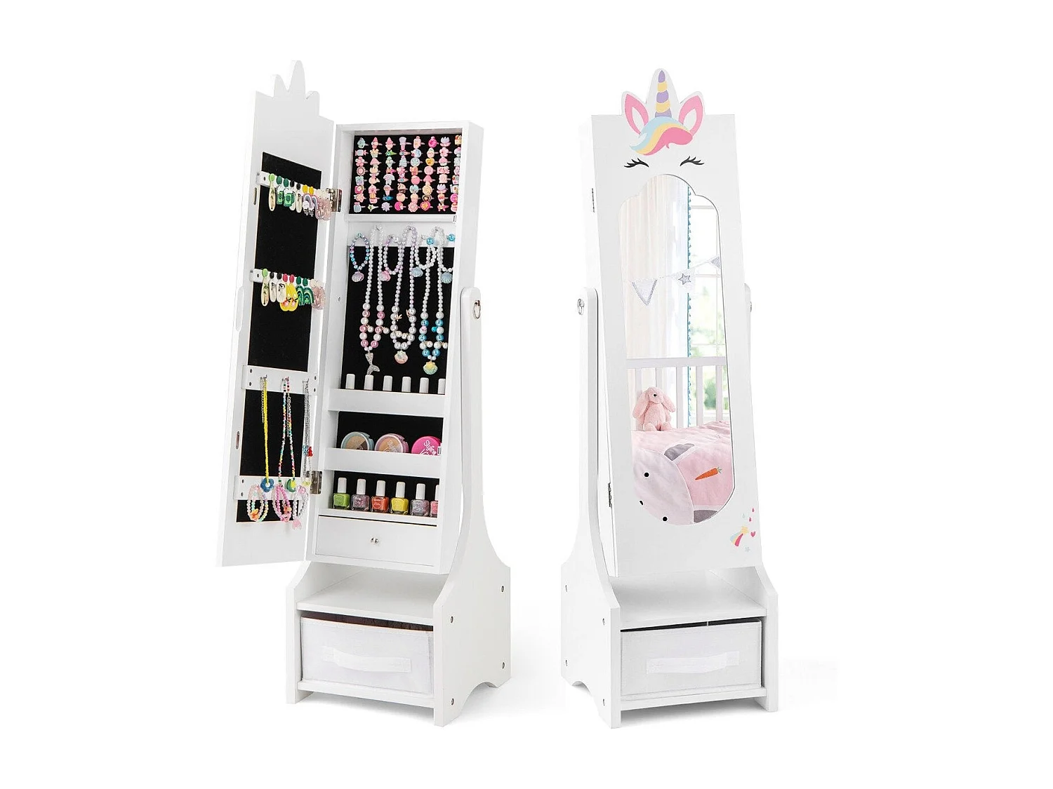 Armoire à bijoux enfant – 2 en 1 miroir plein pied avec tiroirs et miroir maquillage blanc