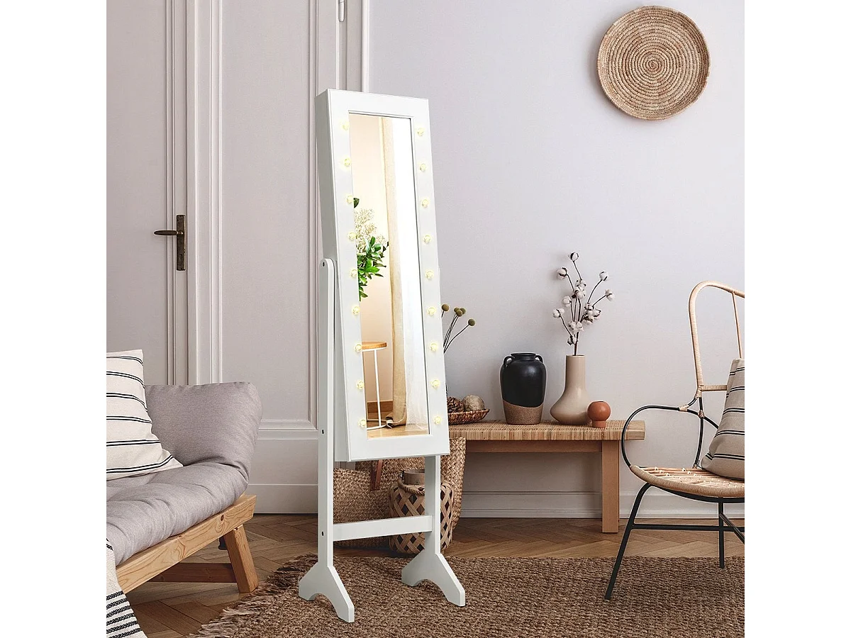 Armoire à bijoux – 18 LED avec étagère réglable et miroir maquillage blanc