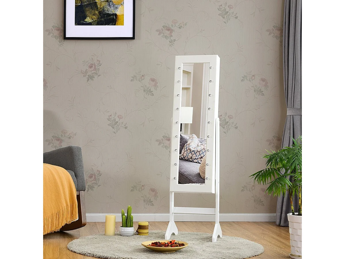 Armoire à bijoux – 18 LED avec étagère réglable et miroir maquillage blanc