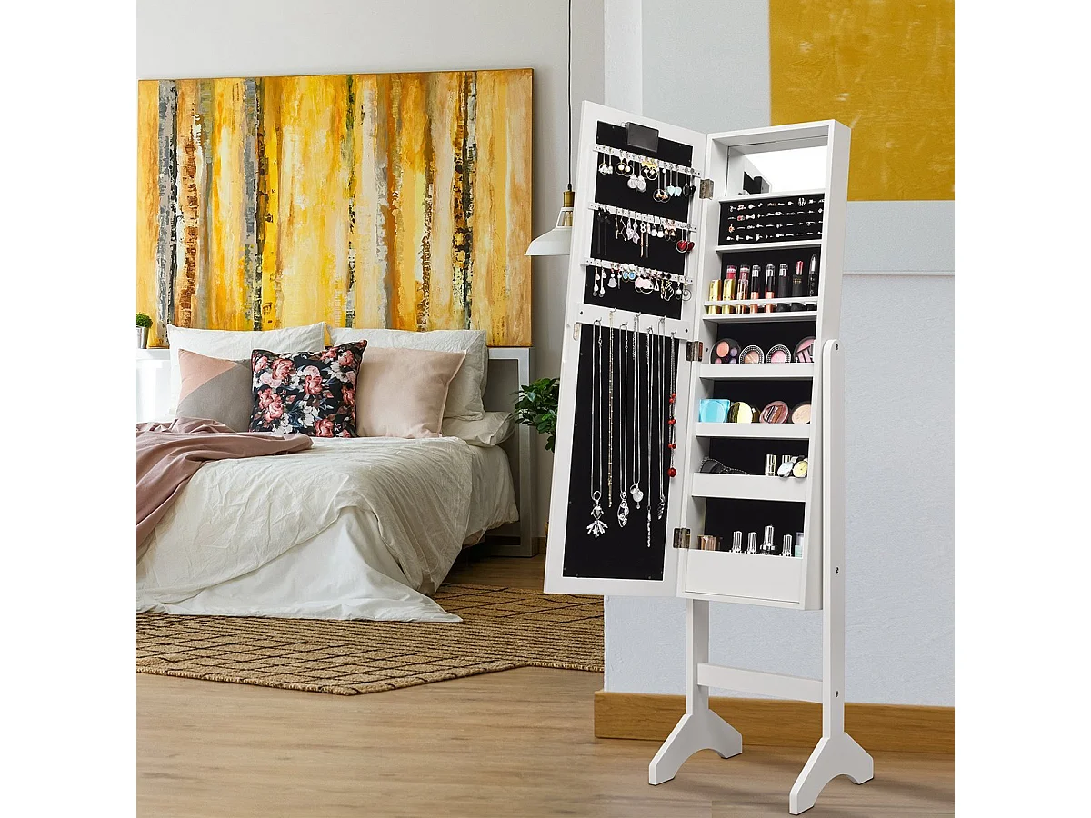 Armoire à bijoux – 18 LED avec étagère réglable et miroir maquillage blanc