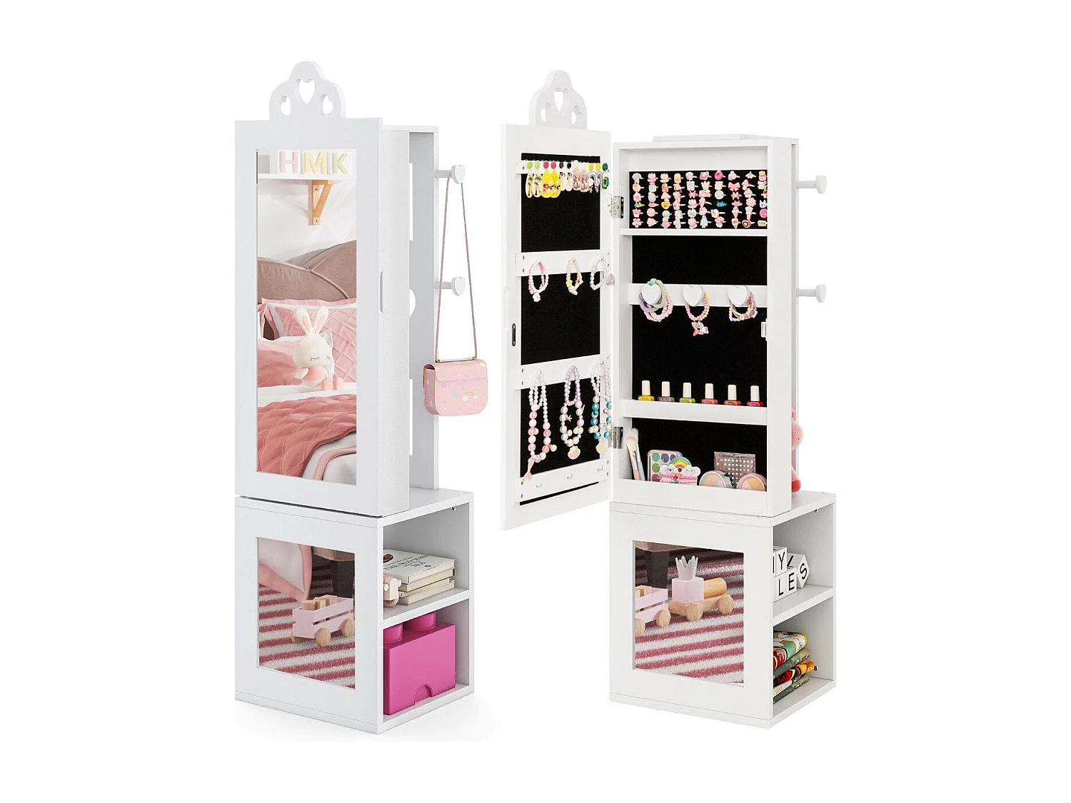 Armoire miroir enfant – 3 en 1 miroir plein pied avec portant et rangement blanc
