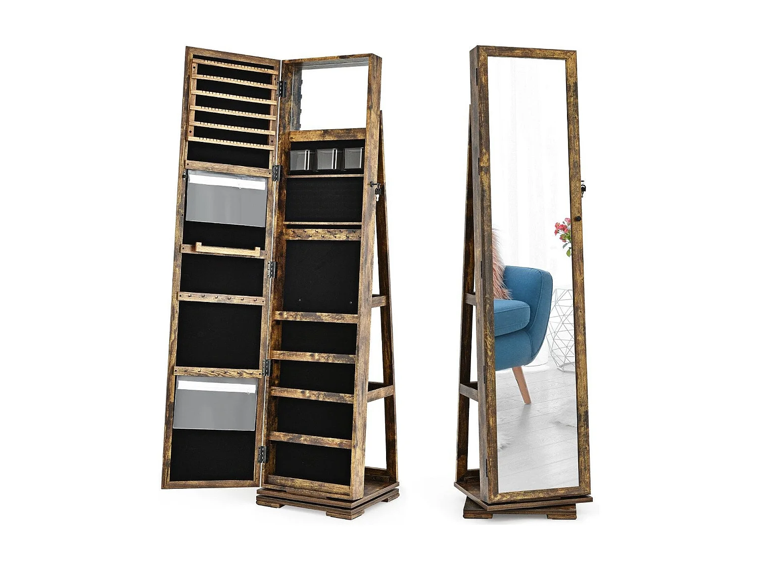 Armoire à bijoux enfant – 2 en 1 miroir plein pied avec étagère échelle 39x39x161 cm marron