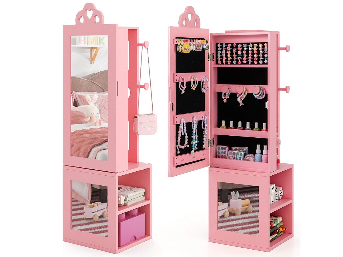 Armoire miroir enfant – 3 en 1 miroir plein pied avec portant et rangement rose