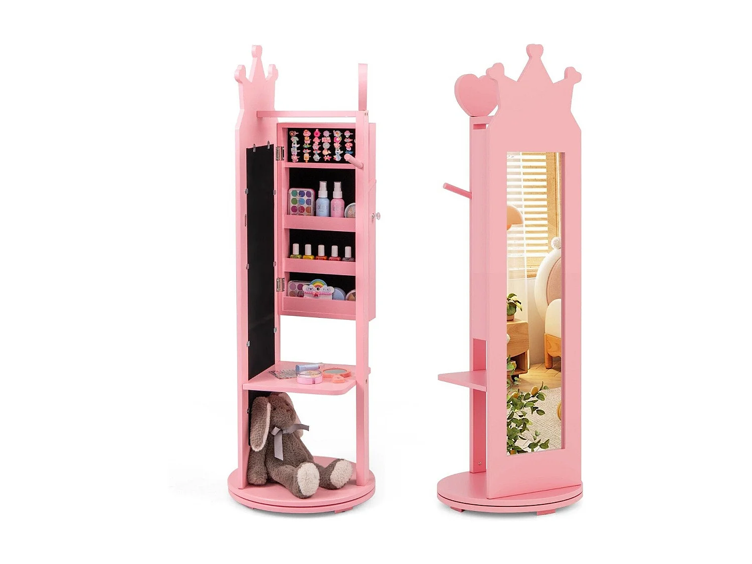 Armoire à bijoux enfant – 4 en 1 rotative 360° avec miroir plein pied rose