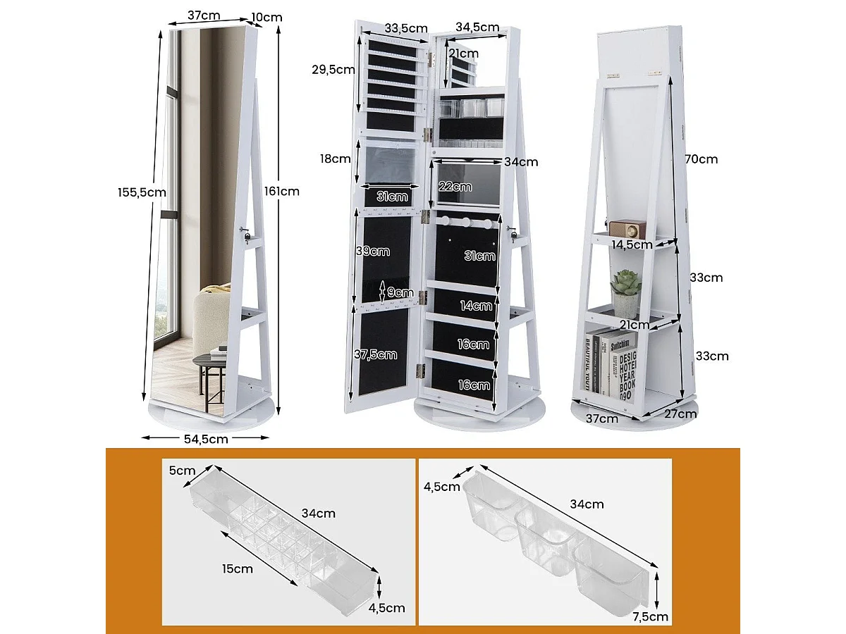 Armoire à bijoux rotative – 360° avec miroir, lumières LED et serrure