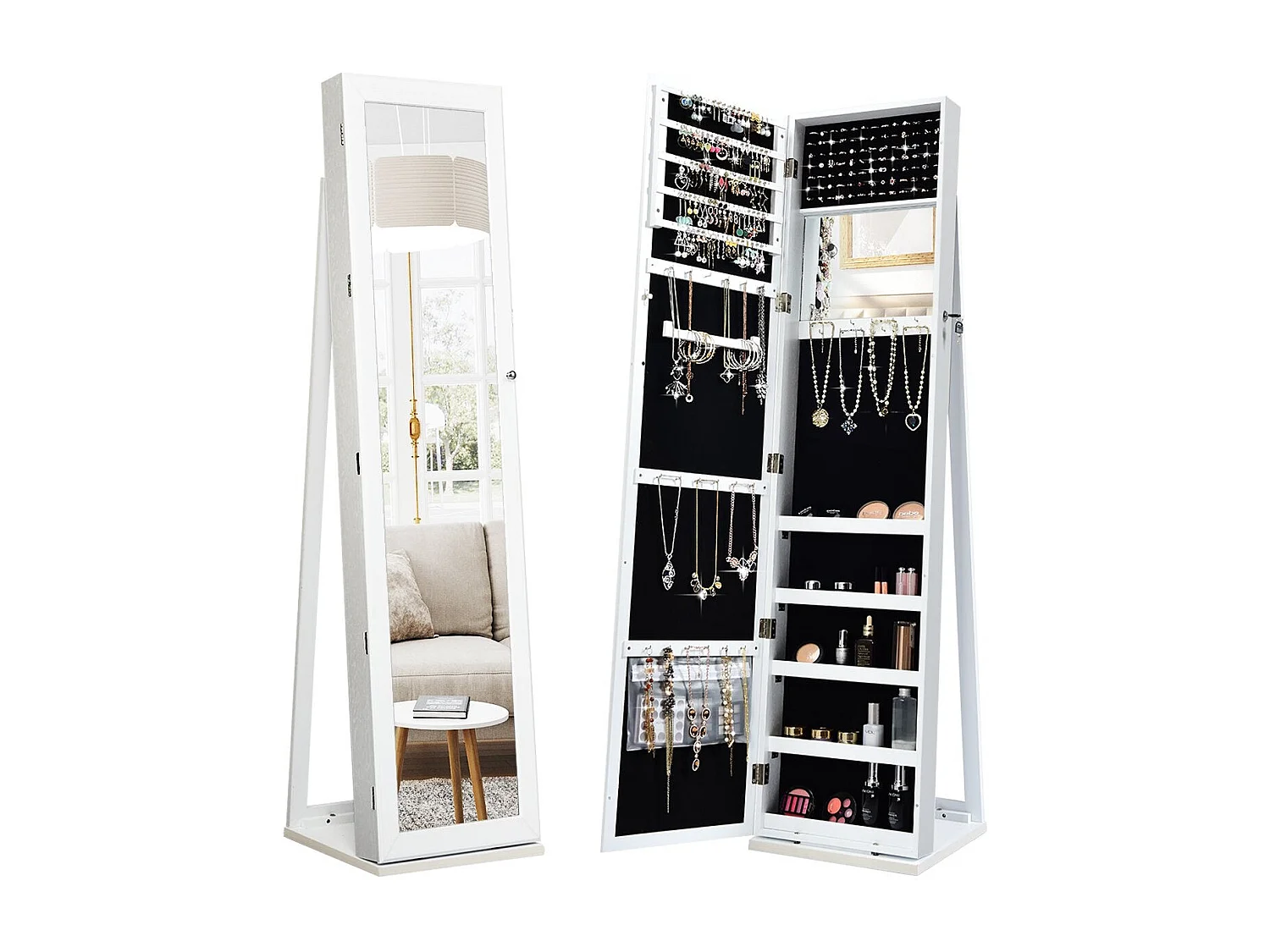Grande armoire à bijoux – 2 en 1 miroir plein pied avec support sur pied blanc