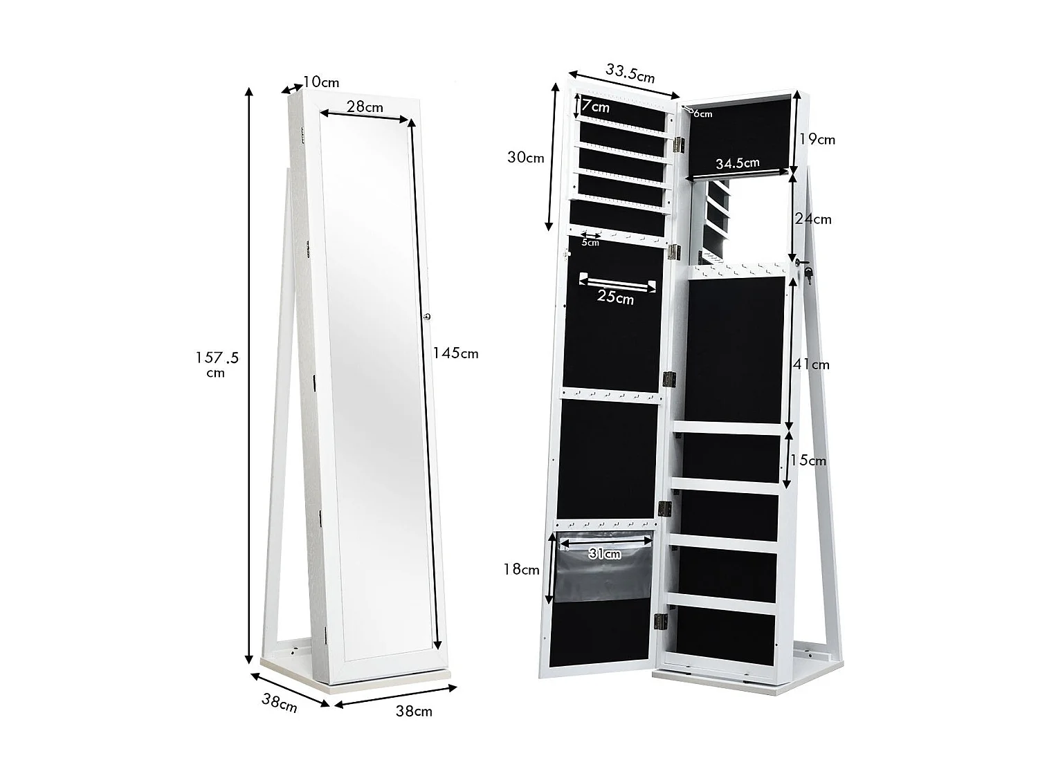 Grande armoire à bijoux – 2 en 1 miroir plein pied avec support sur pied blanc