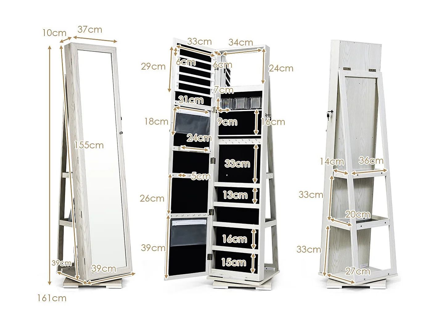 Armoire à bijoux rotative – 360° miroir verrouillable blanc