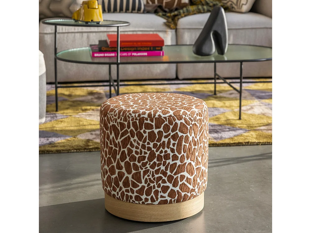 Wild - Pouf rond en tissu imprimé girafe ø 40cm - Marron