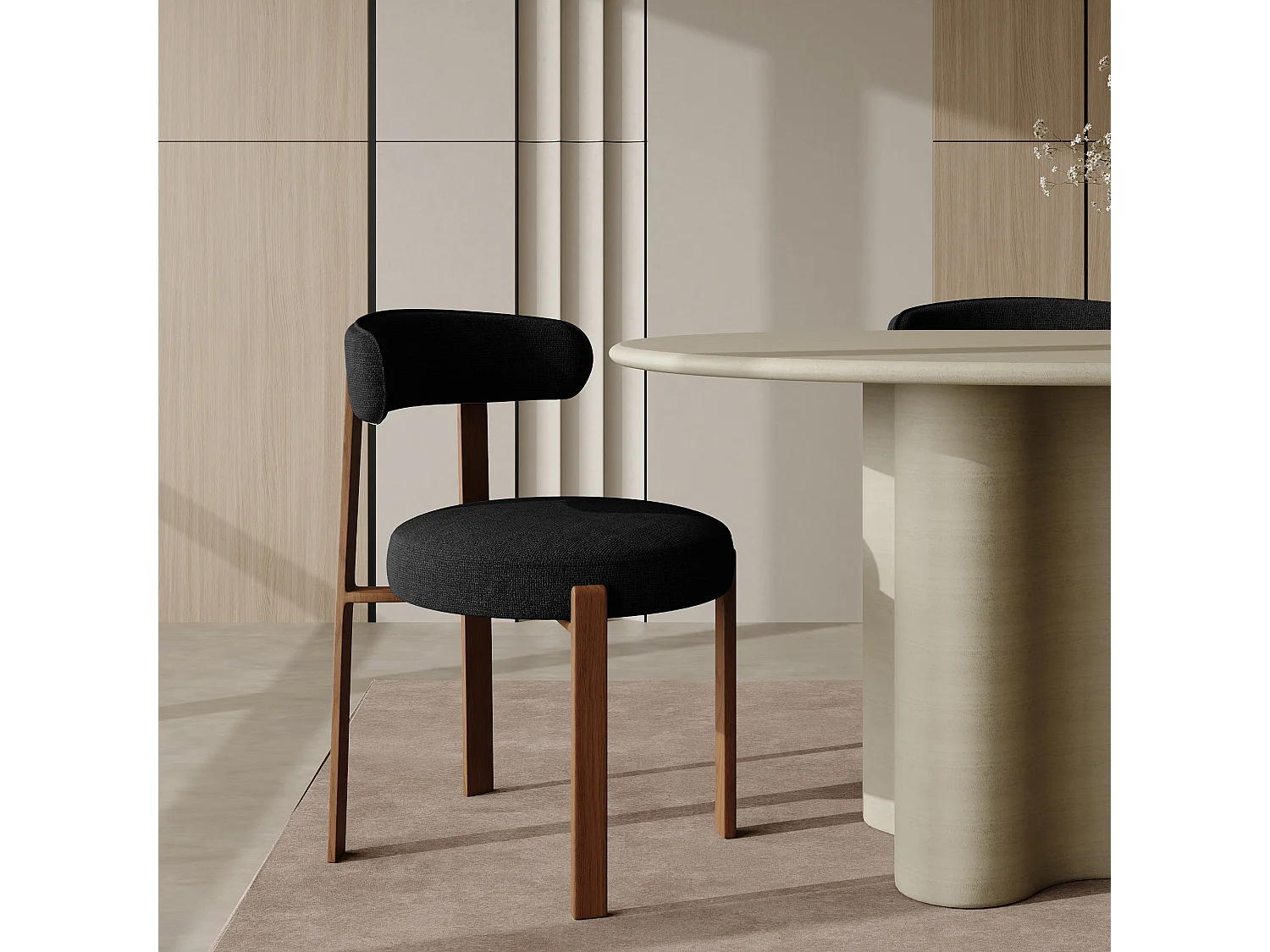 Lot de 2 chaises velours chenillé noir et pieds noyer JUNA