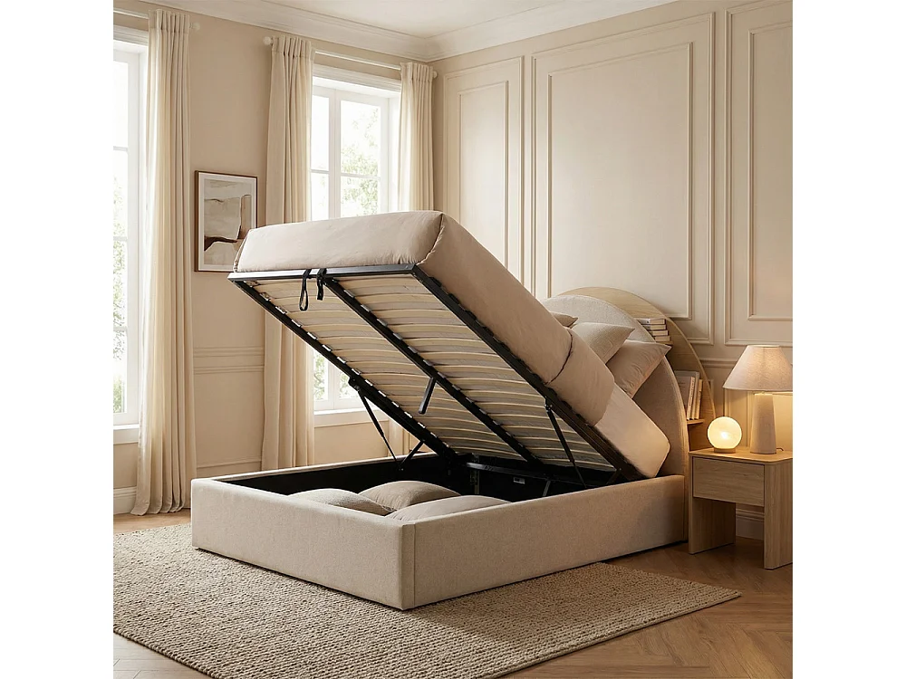 Brie - Lit coffre en tissu avec rangements intégrés 160x200cm - Beige