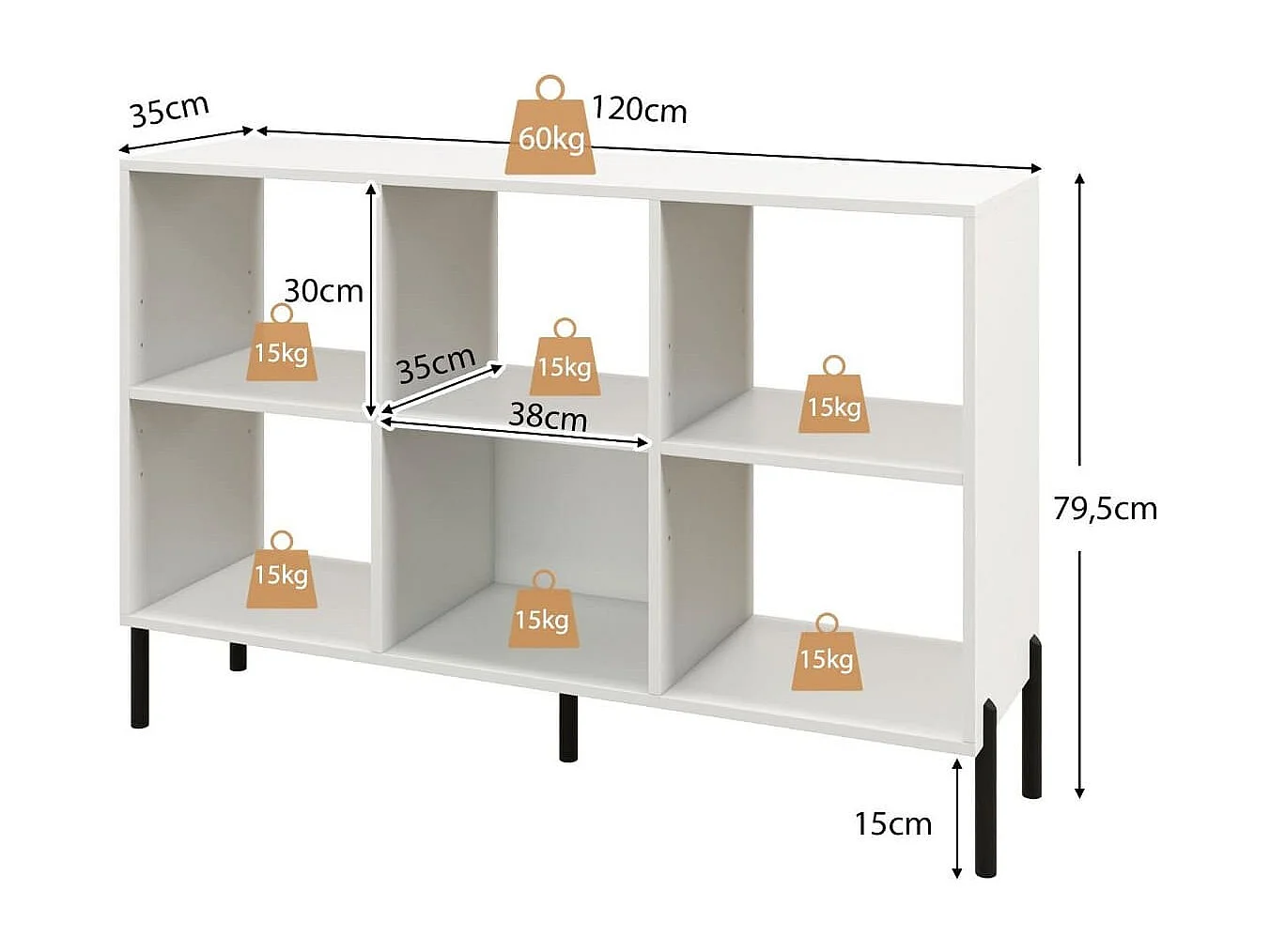 Bücherregal mit 6 Fächern Standregal mit erhöhten Metallbeinen und verstellbaren Regalen 120 x 35 x 79,5 cm Weiß