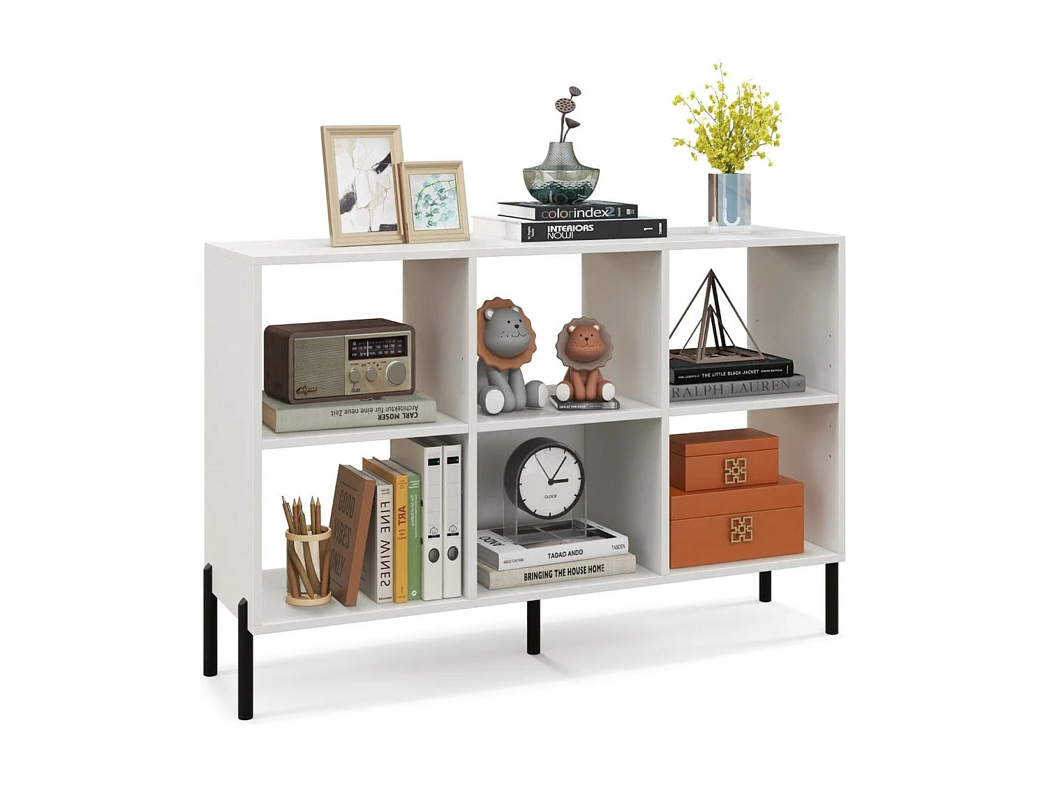 Bücherregal mit 6 Fächern Standregal mit erhöhten Metallbeinen und verstellbaren Regalen 120 x 35 x 79,5 cm Weiß