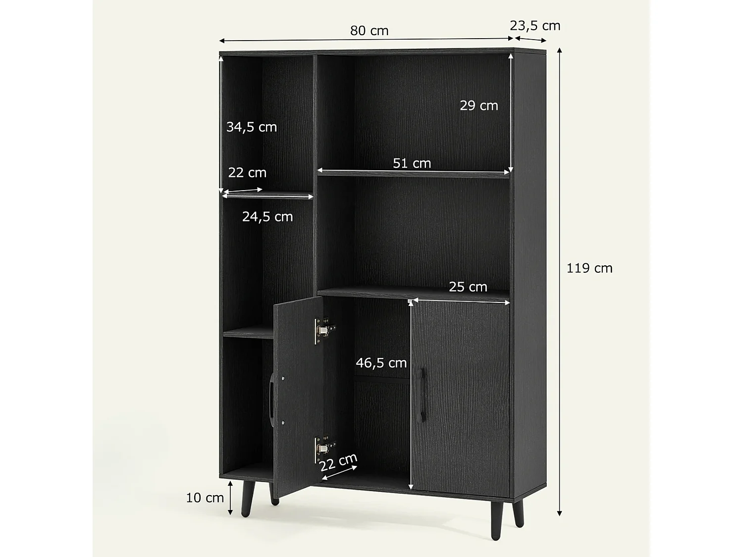 Wolnostojący regał z zamykaną szafką Czarny regał na książki