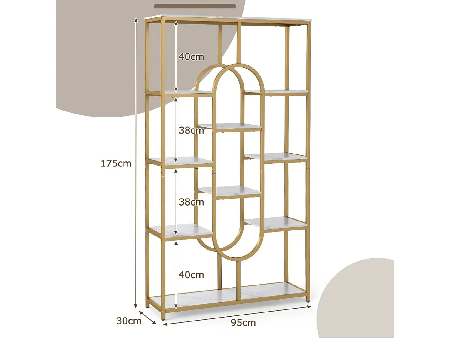 5-stöckiges Bücherregal Standregal Geometrisches Aufbewahrungsregal Weiß & Gold