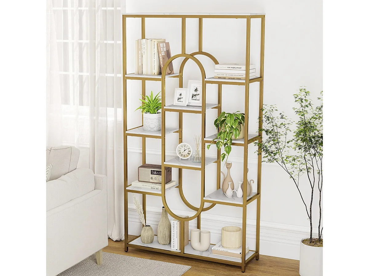 5-stöckiges Bücherregal Standregal Geometrisches Aufbewahrungsregal Weiß & Gold