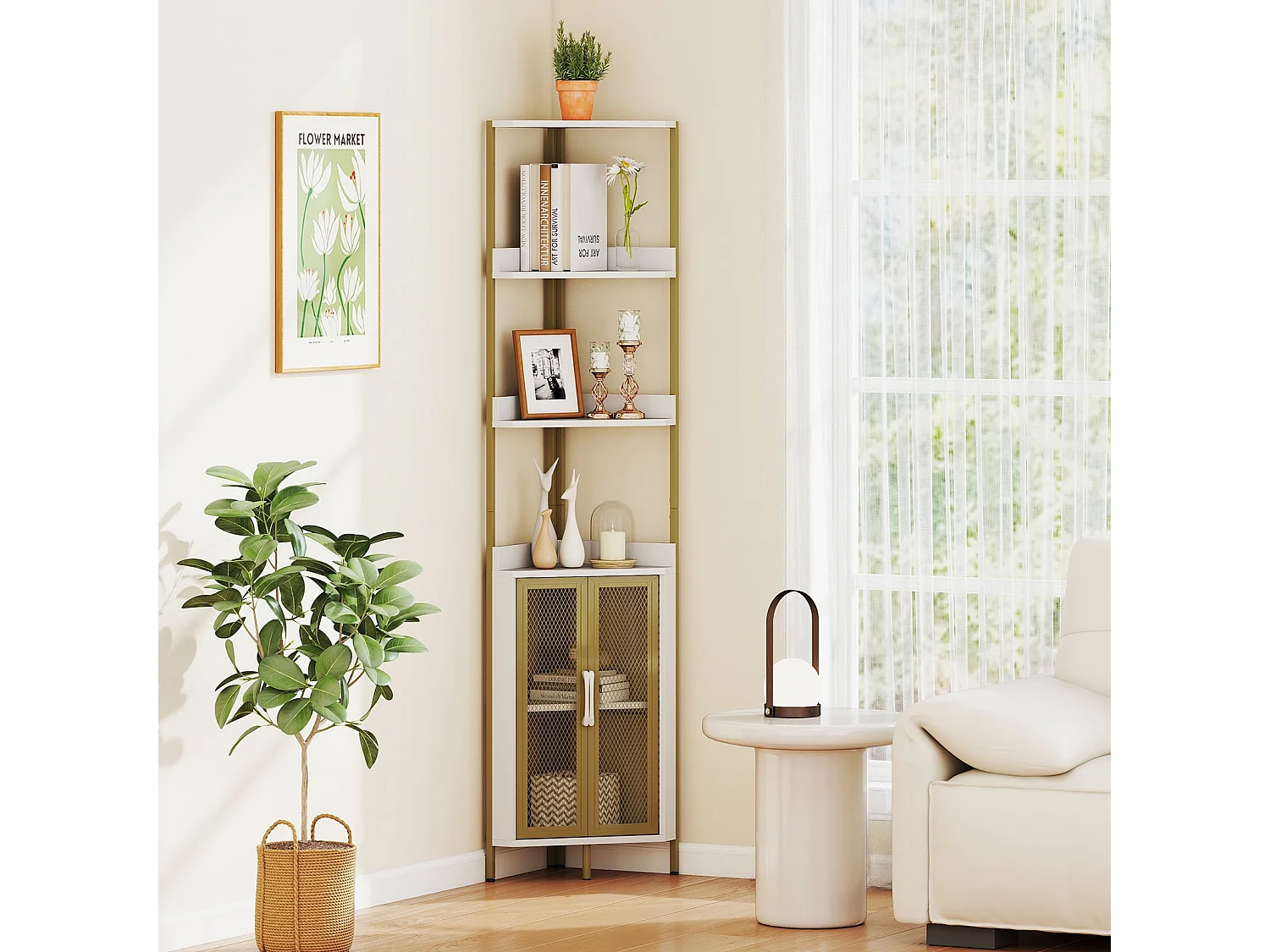 170 cm Hoh Eckregal mit Schrank & Türen & Metallrahmen Freistehendes Bücherregal Weiß