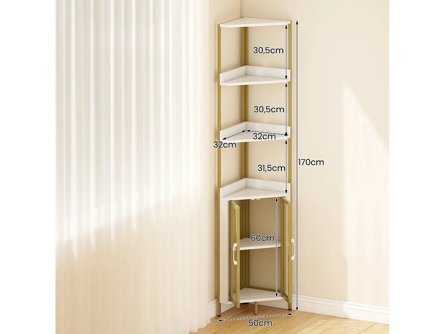 170 cm Hoh Eckregal mit Schrank & Türen & Metallrahmen Freistehendes Bücherregal Weiß