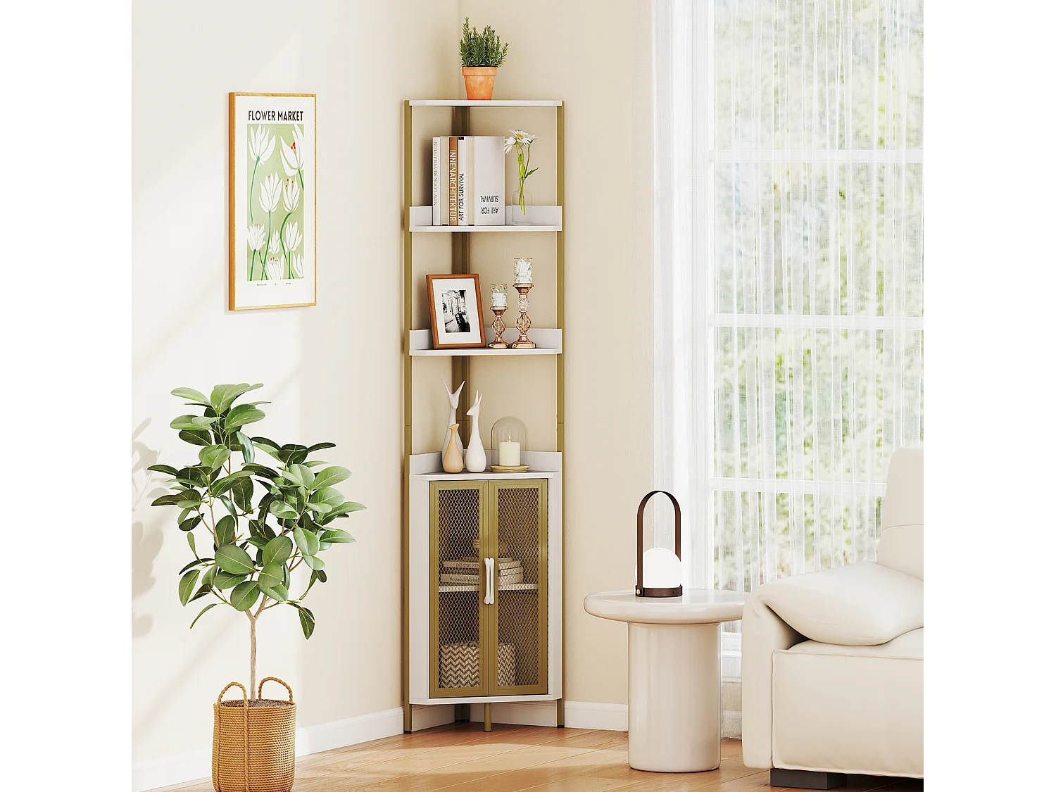 Étagère d'Angle à 6 Niveaux Bibliothèque d'Angle avec Armoire et Portes Étagère Indépendante pour Plantes Style Industriel Blanc