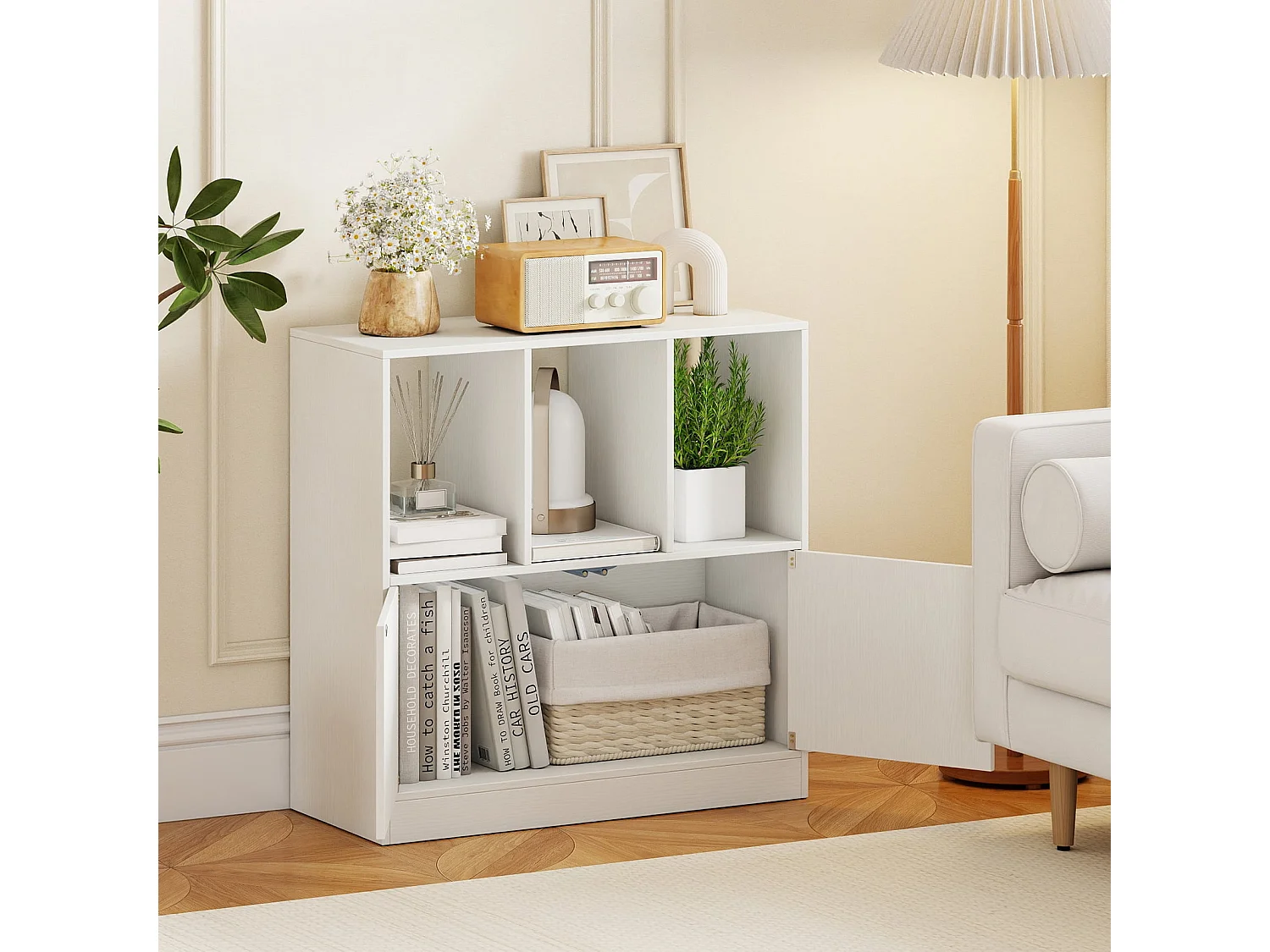 3-stöckiges Bücherregal mit 2 Türen Würfelregal mit Offenen Fächern & Bücherschrank Weiß