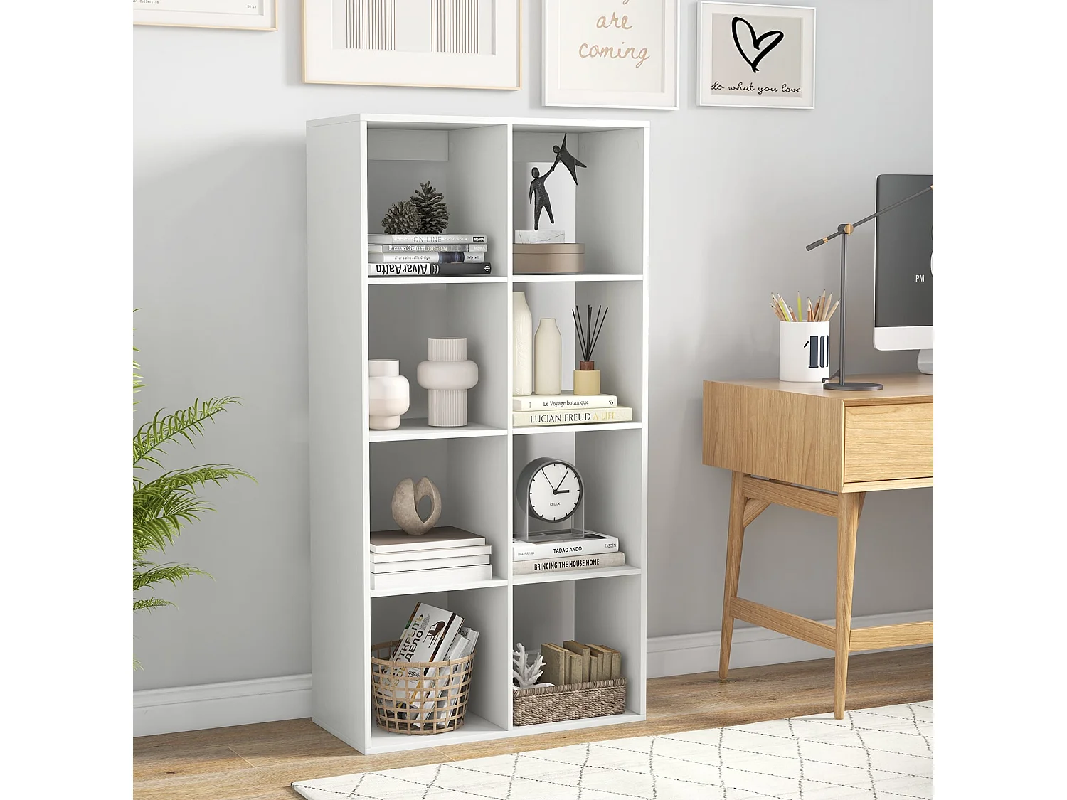 8-Würfel Bücherregal modernes Würfelregal mit Rückwand-Schutzgeländer & Kippschutz-Set 69,5 x 33 x 137 cm Weiß