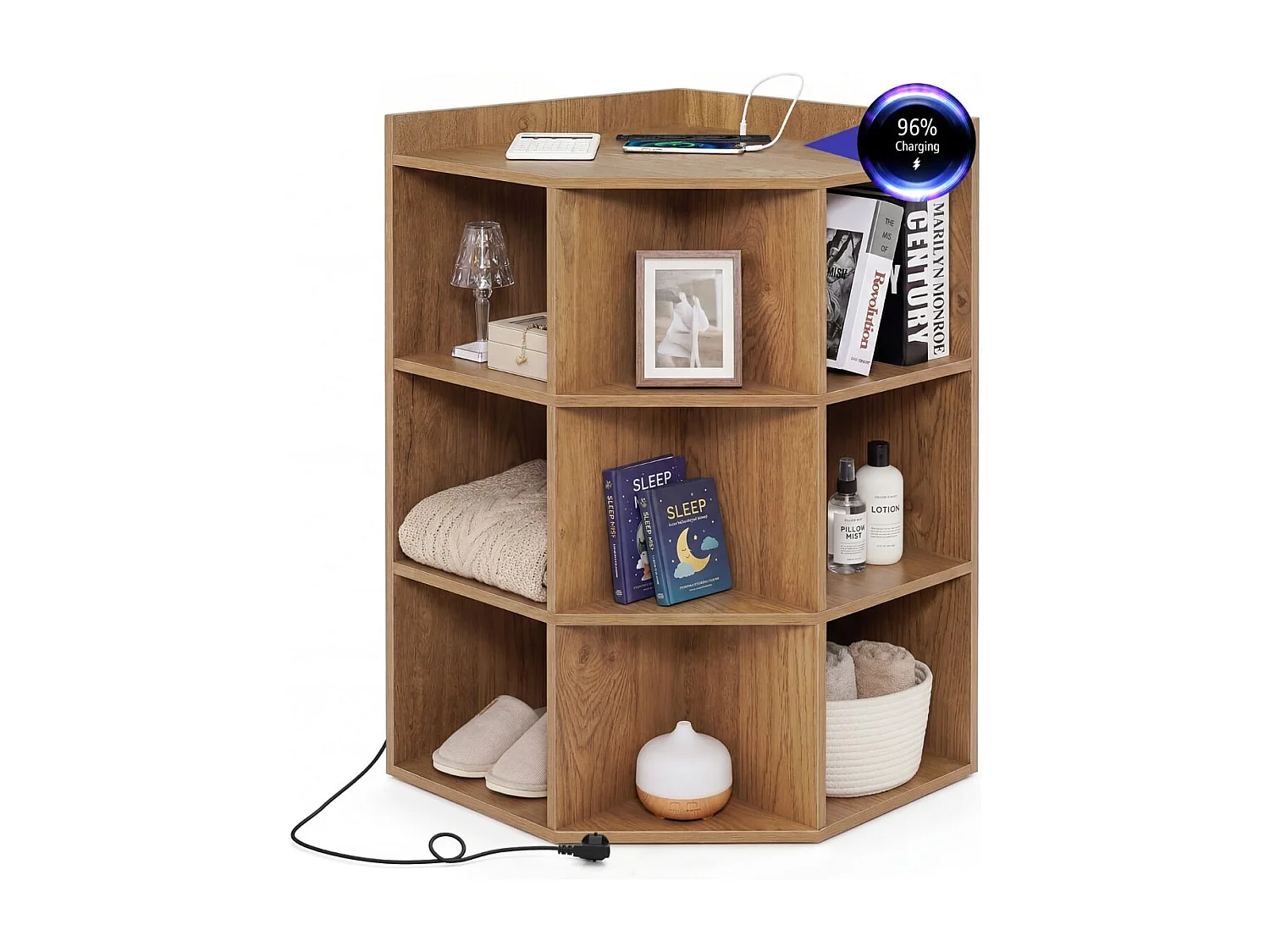 Bibliothèque d'angle avec station de recharge Étagère d'angle avec 9 compartiments & 2 prises USB & 4 prises électriques Naturel