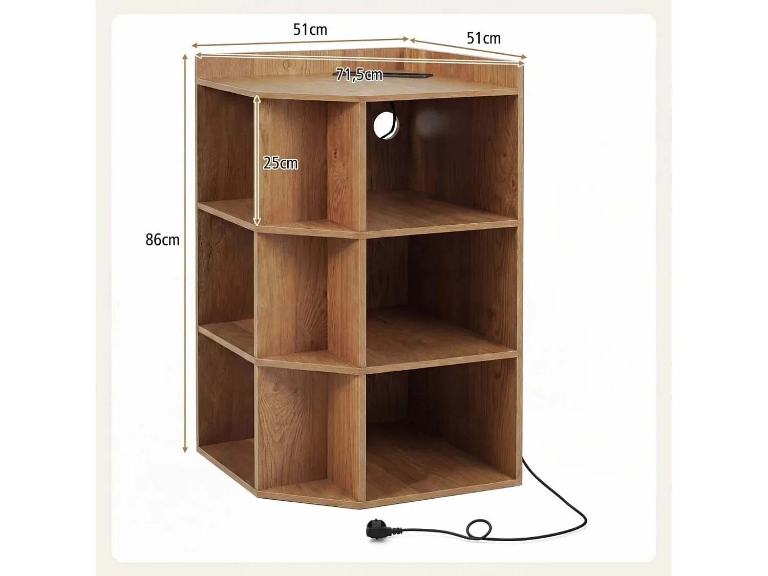 Eck-Bücherregal mit Ladestation Eckregal mit 9 Fächern & 2 USB-Anschlüssen & 4 Steckdosen Natur