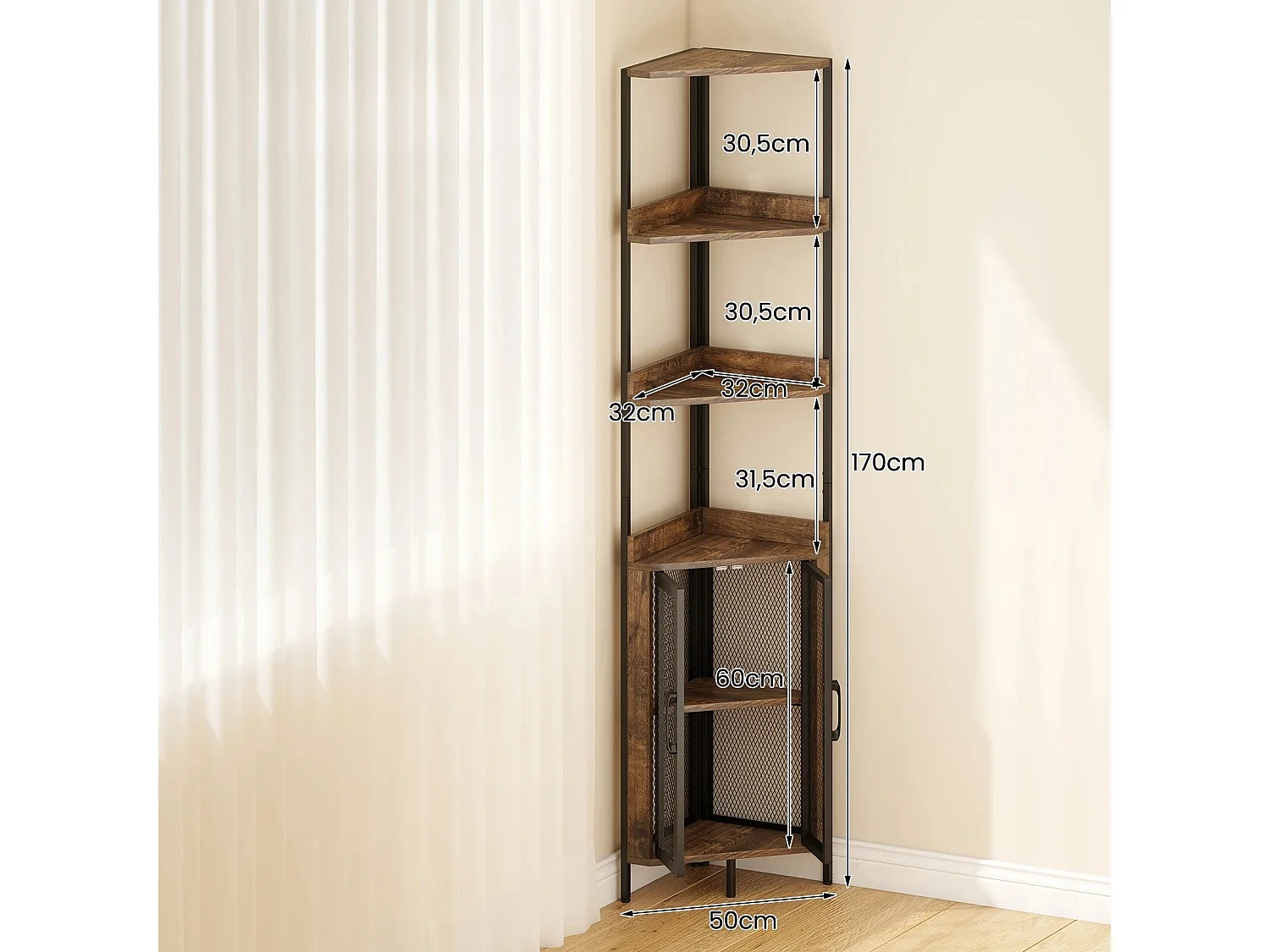 170 cm Hoh Eckregal mit Schrank & Türen & Metallrahmen Freistehendes Bücherregal Rustikal Braun