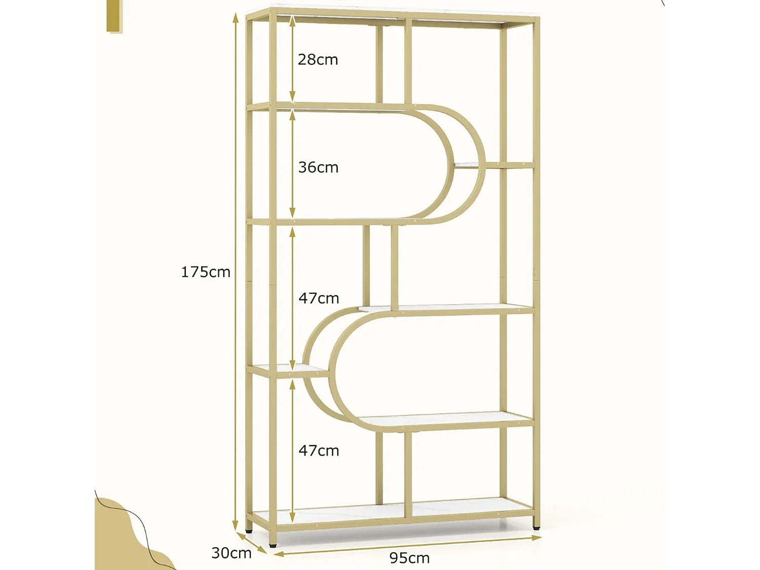 5-stöckiges Bücherregal mit Offenen Regalen Standregal Display Regal Weiß & Gold