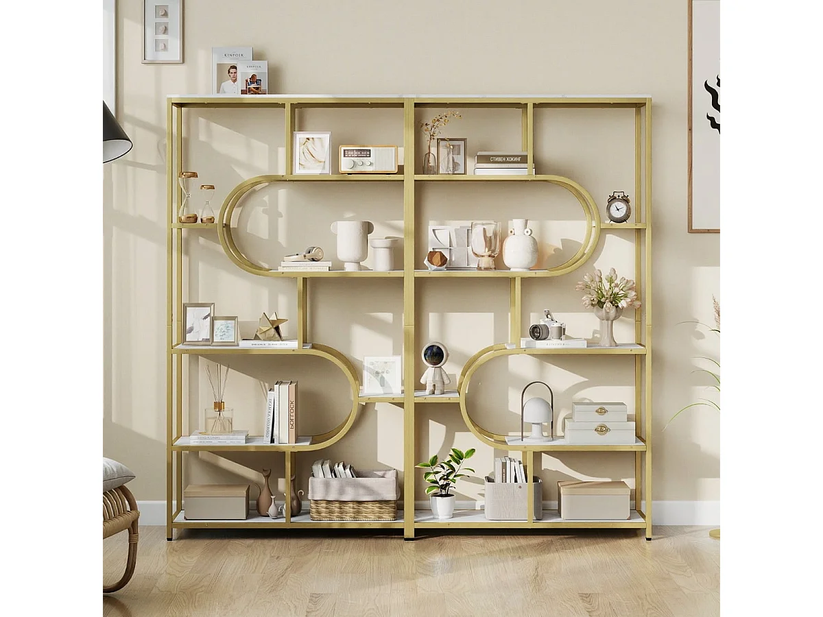5-stöckiges Bücherregal mit Offenen Regalen Standregal Display Regal Weiß & Gold