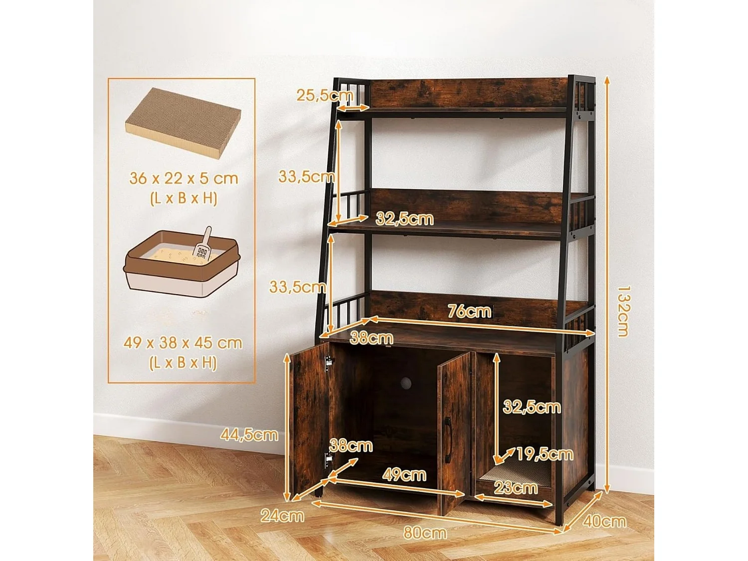 Enclos de Bac à Litière pour Chat avec Étagères de Rangement Grand Meuble de Toilettes Caché pour Chat avec Griffoir Brun Rustique