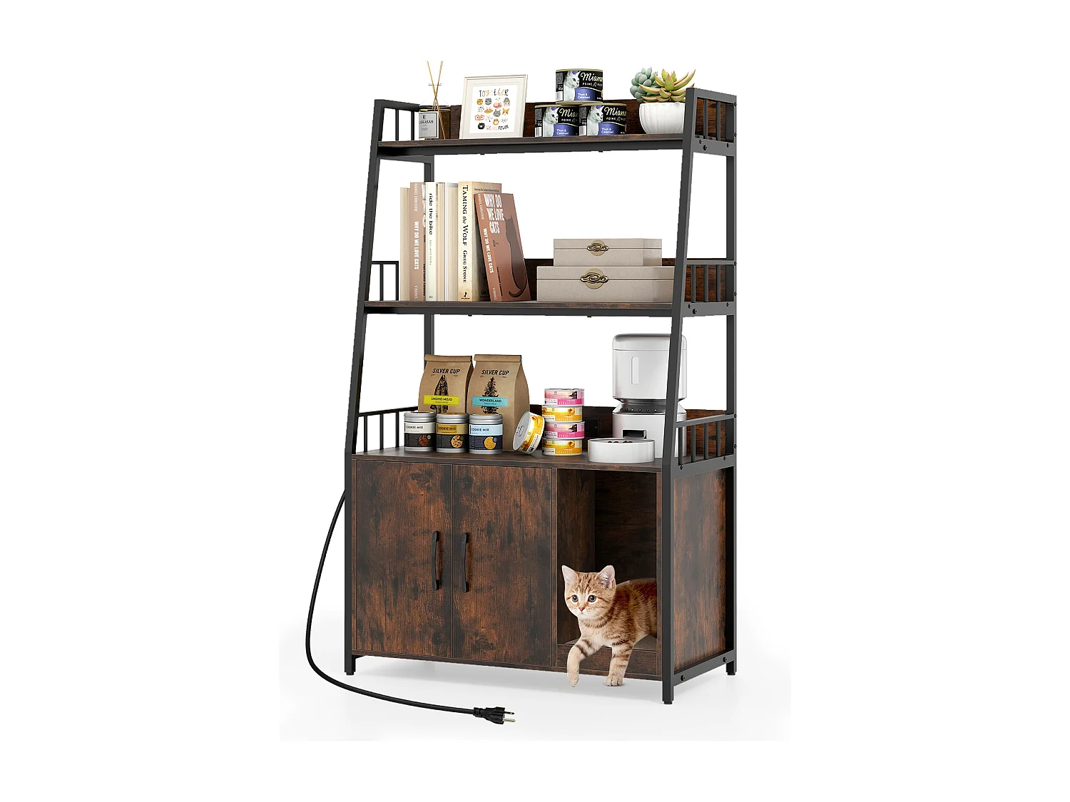 Enclos de Bac à Litière pour Chat avec Étagères de Rangement Grand Meuble de Toilettes Caché pour Chat avec Griffoir Brun Rustique