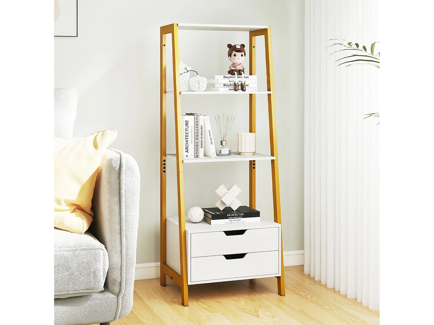 Leiterregal freistehend 134cm Bücherregal mit 4 offenen Regalen und 2 Schubladen vielseitiges Standregal Weiß