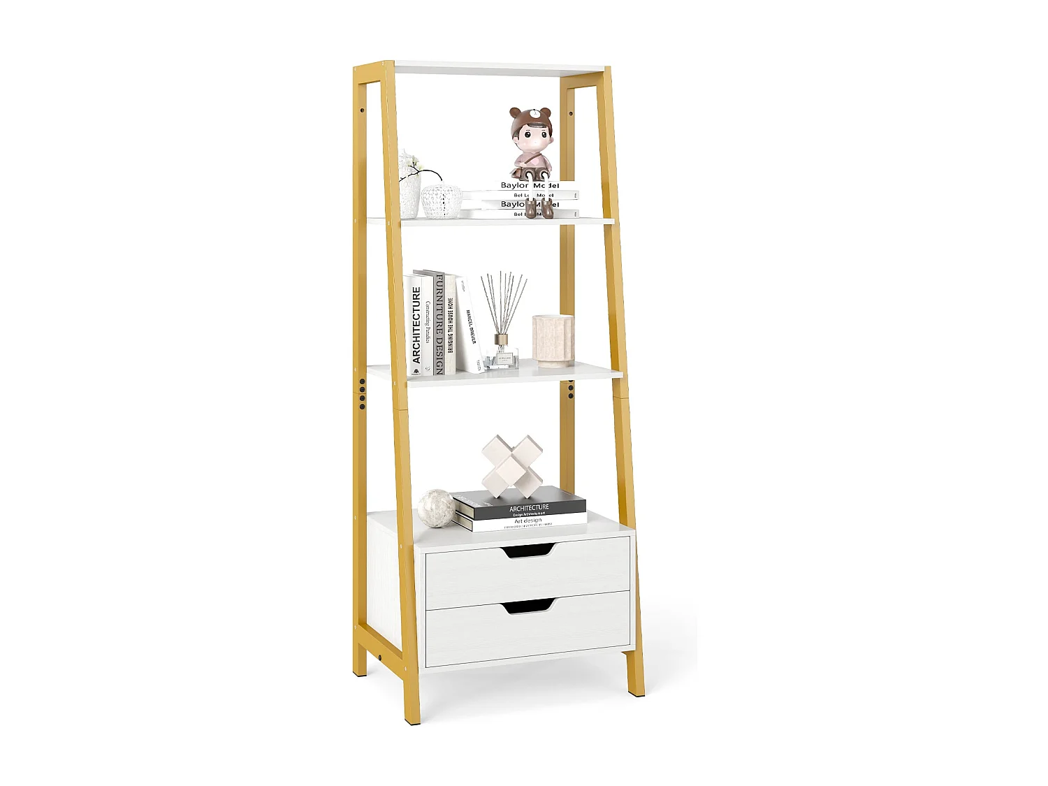 Leiterregal freistehend 134cm Bücherregal mit 4 offenen Regalen und 2 Schubladen vielseitiges Standregal Weiß