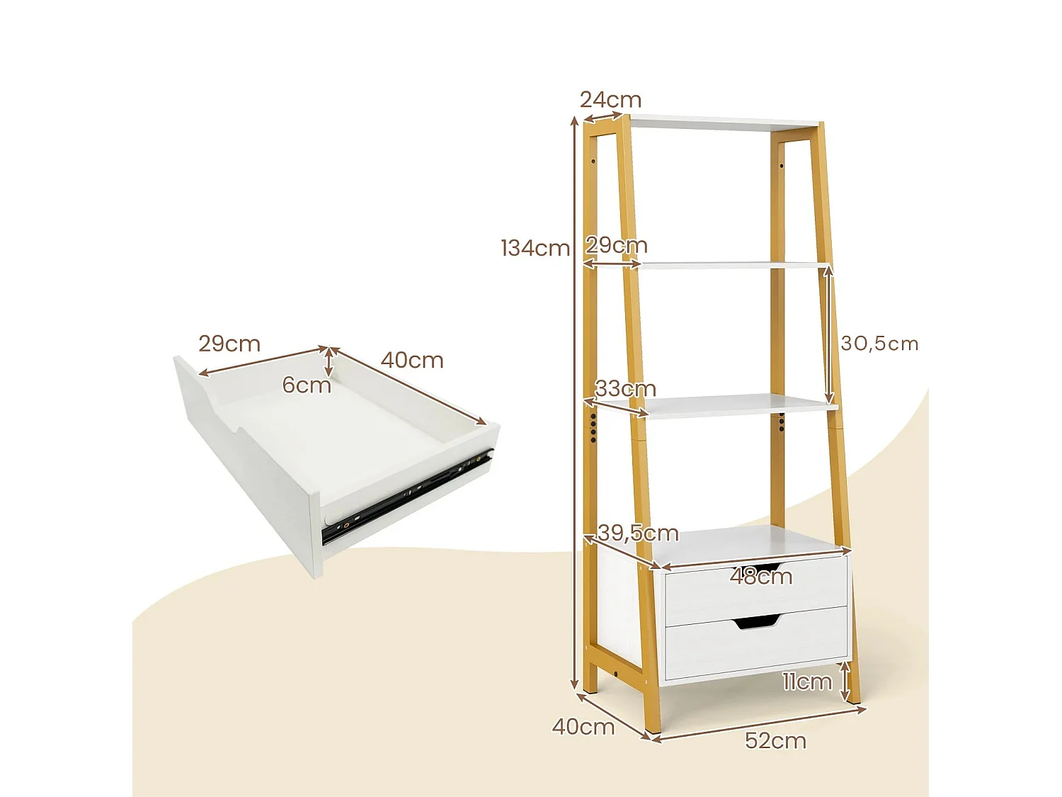 Scaffale a scaletta free standing 134cm libreria con 4 ripiani aperti e 2 cassetti versatile scaffale a stelo bianco