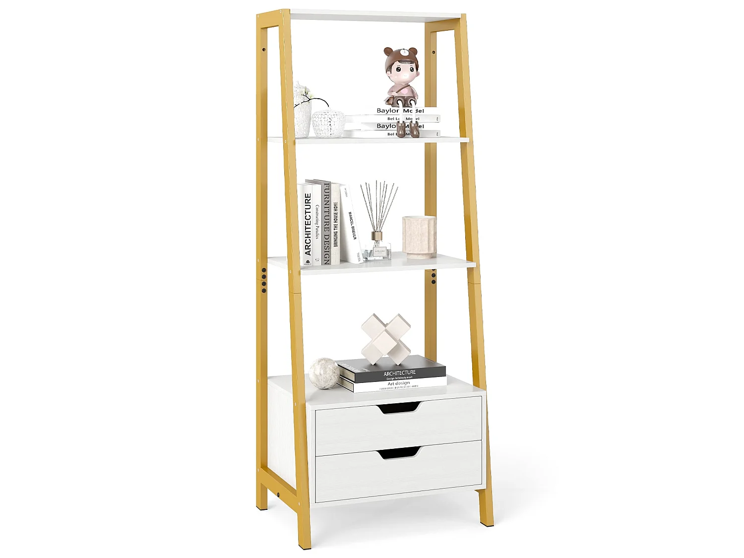 Scaffale a scaletta free standing 134cm libreria con 4 ripiani aperti e 2 cassetti versatile scaffale a stelo bianco
