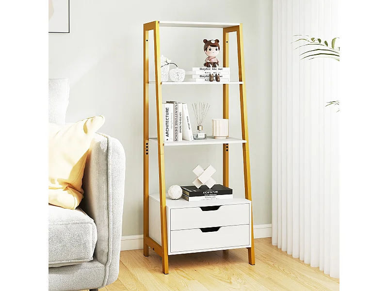 Leiterregal freistehend 134cm Bücherregal mit 4 offenen Regalen und 2 Schubladen vielseitiges Standregal Weiß