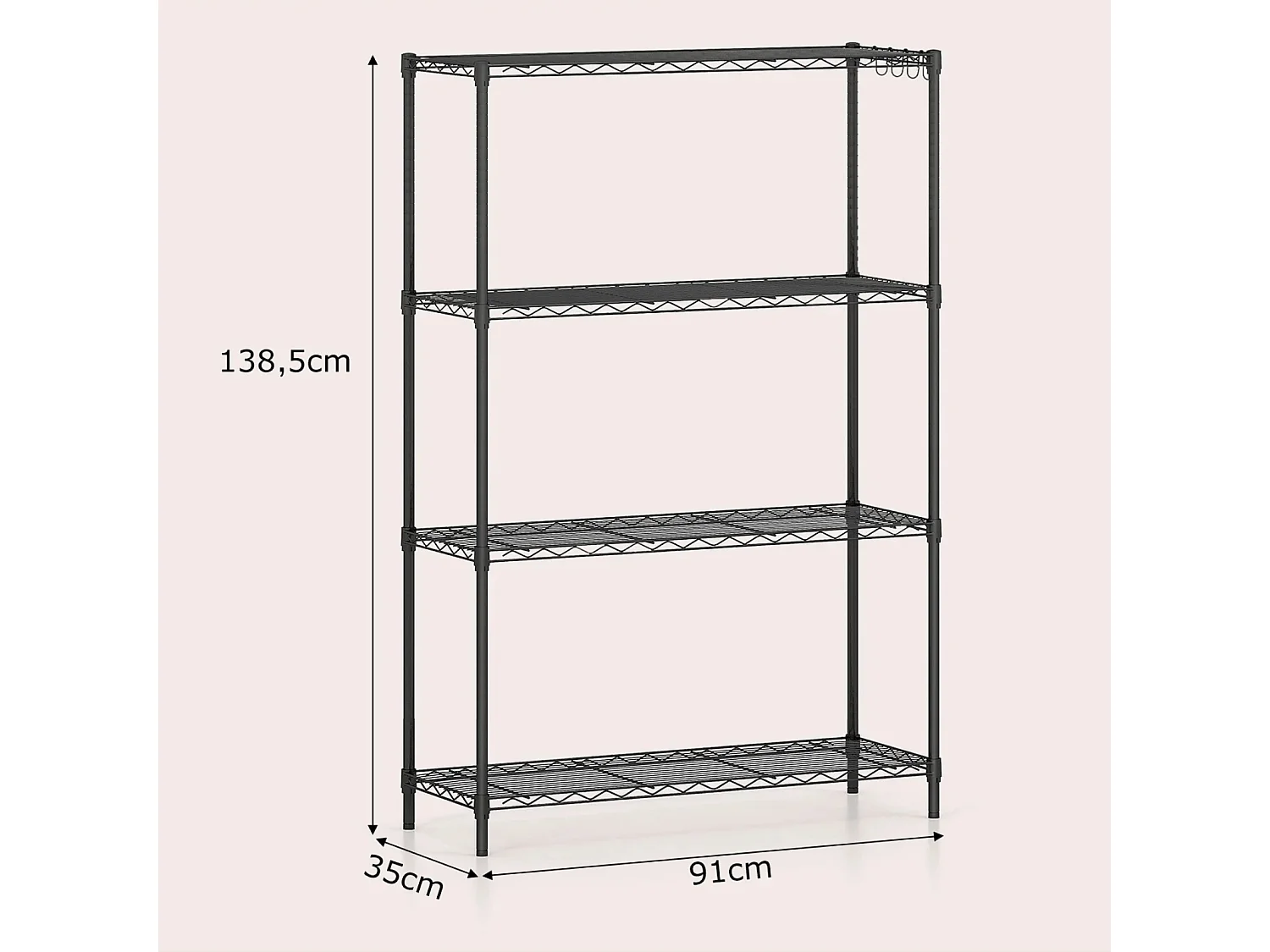 4-stöckiges Metall Standregal mit 4 Haken & Verstellbaren Ablagen Schwerlastregal 91 x 35 x 138,5 cm