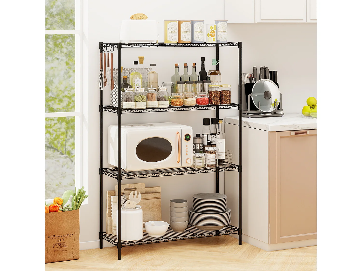 4-stöckiges Metall Standregal mit 4 Haken & Verstellbaren Ablagen Schwerlastregal 91 x 35 x 138,5 cm