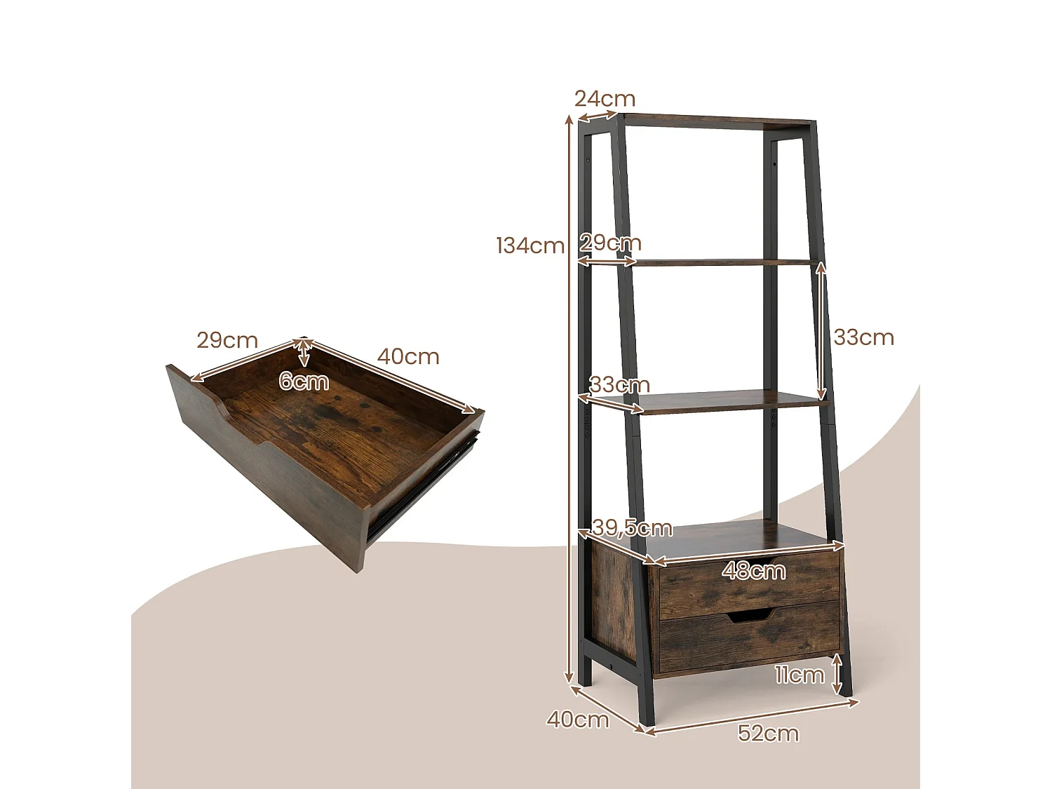 Libreria a scaletta free standing 134 cm con 4 ripiani aperti e 2 cassetti versatile scaffale in piedi marrone